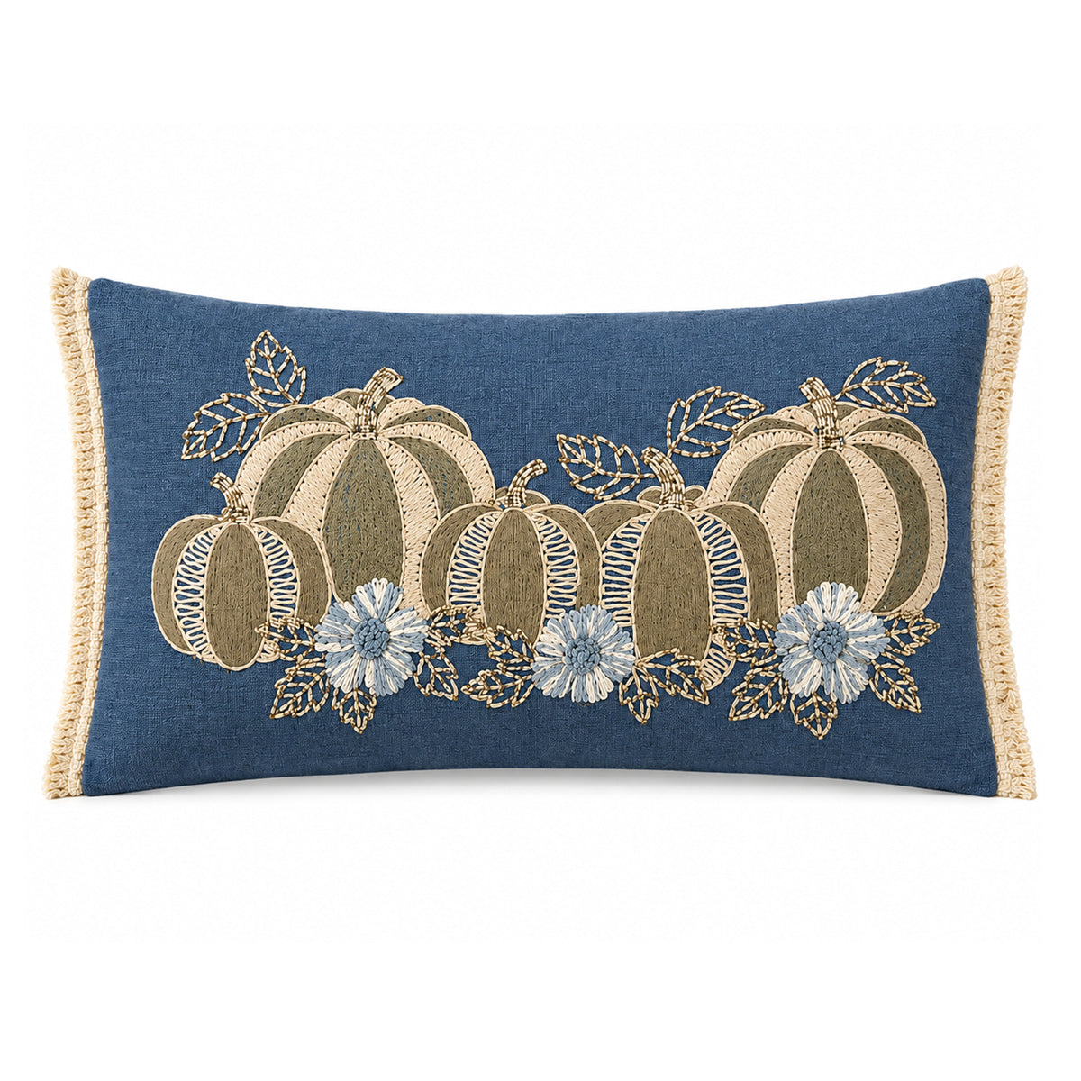 Autumn Elegance Pumpkin Harvest 14" x 20" Decorative Pillow Cover – Blue & Beige Embroidered Pumpkin Accent Cushion Cover