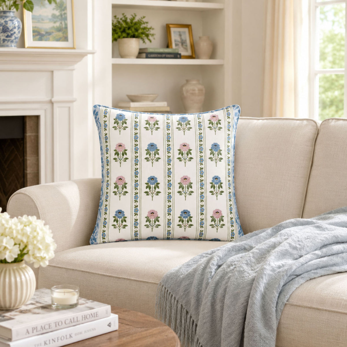 Vintage Floral Stripe 18" x 18" Decorative Pillow Cover – Blue & Pink Embroidered Botanical Accent Cushion Cover