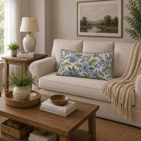 Blue Garden Bloom Decorative Pillow Cover – 14" x 20" Blue Floral & Green Leaf Accent Cushion Cover