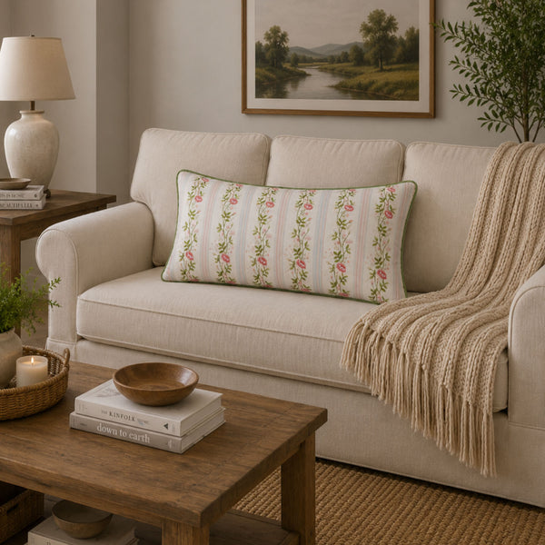 Pink Rose Garden Decorative Pillow Cover – 14" x 20" Floral Striped Accent Cushion Cover with Green Piping