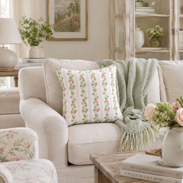 Pink Rose Garden Decorative Pillow Cover – 18" x 18" Floral Cushion Cover with Green Piping