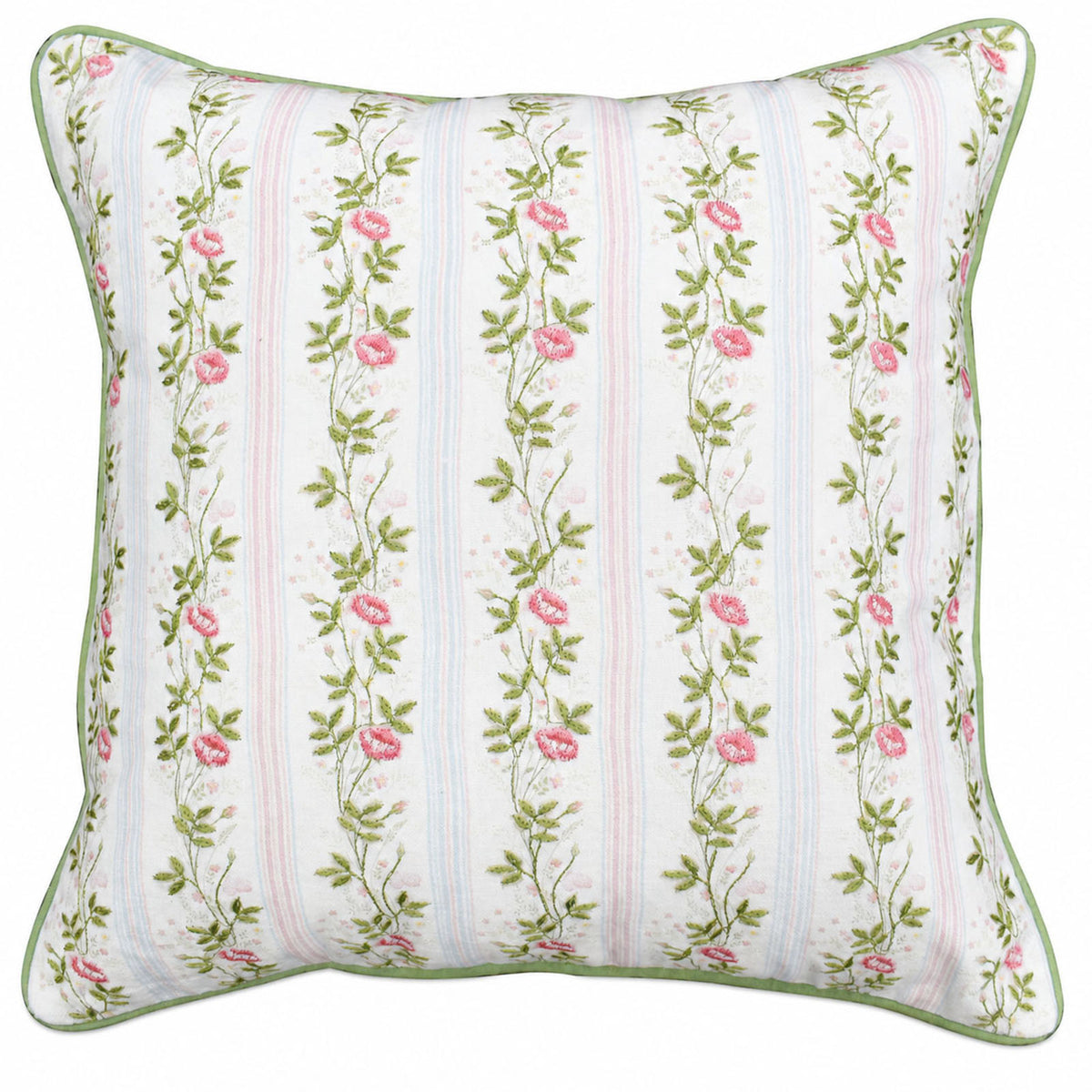 Pink Rose Garden Decorative Pillow Cover – 18" x 18" Floral Cushion Cover with Green Piping