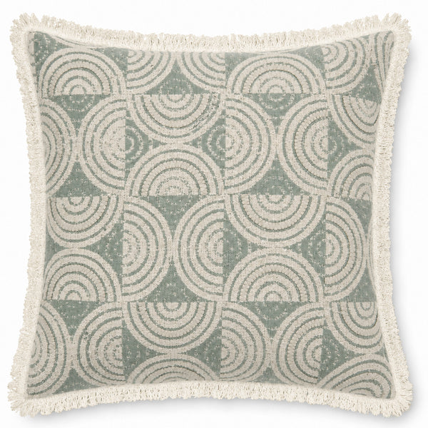 Sage Geometry 18" x 18" Decorative Pillow Cover – Neutral Interlocking Circle Cushion Cover with Fringed Edges
