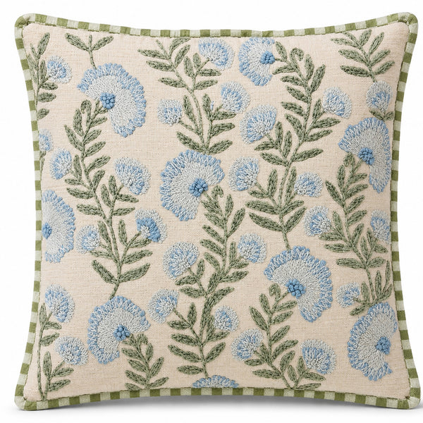 Blue Meadow Bloom 18" x 18" Decorative Pillow Cover – Blue Floral Embroidered Cushion Cover with Green Checker Piping