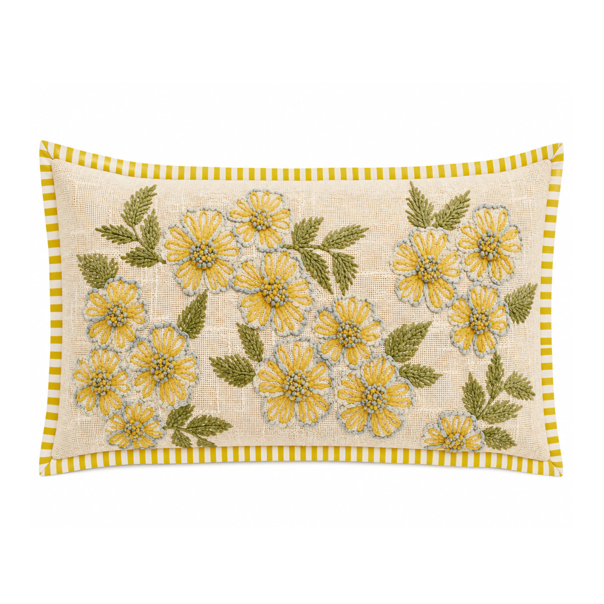 Sunny Meadow Floral 14" x 20" Decorative Pillow Cover – Yellow Embroidered Flower Accent Cushion Cover with Striped Border