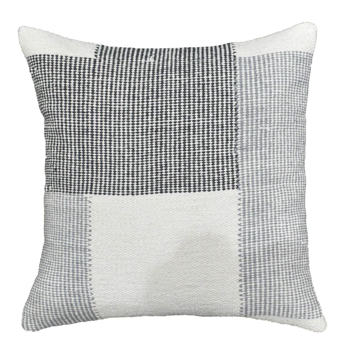 Monochrome Harmony Geometric Woven 18" x 18" Decorative Pillow Cover, Black Grey & Ivory Textured Patchwork Accent Cushion Cover