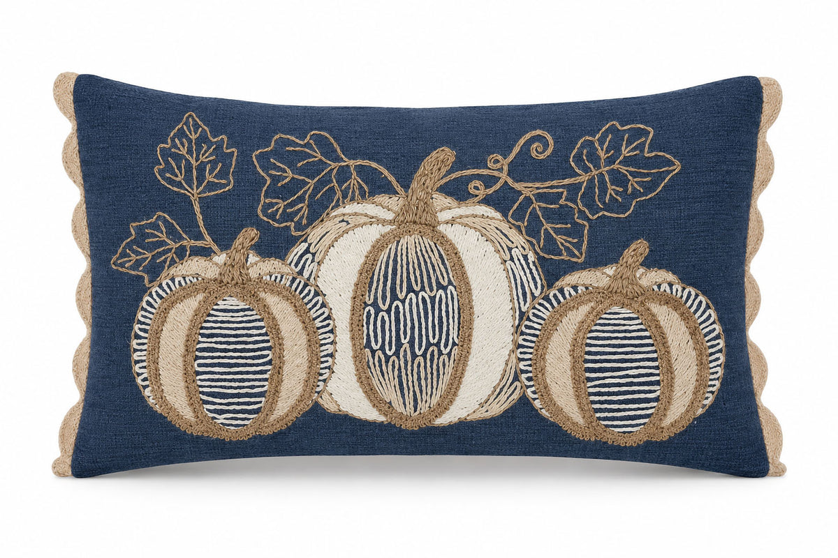 Vintage Pumpkin Embroidered 14" x 20" Decorative Pillow Cover – Navy Blue & Beige Autumn Harvest Accent Cushion Cover
