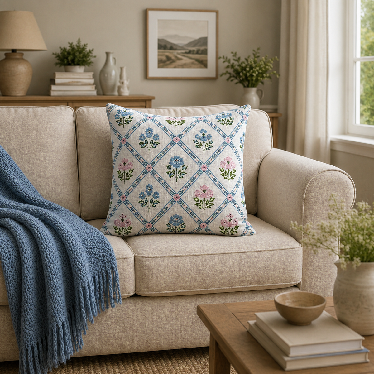 Floral Diamond Garden 18" x 18" Decorative Pillow Cover – Blue & Pink Botanical Accent Cushion Cover