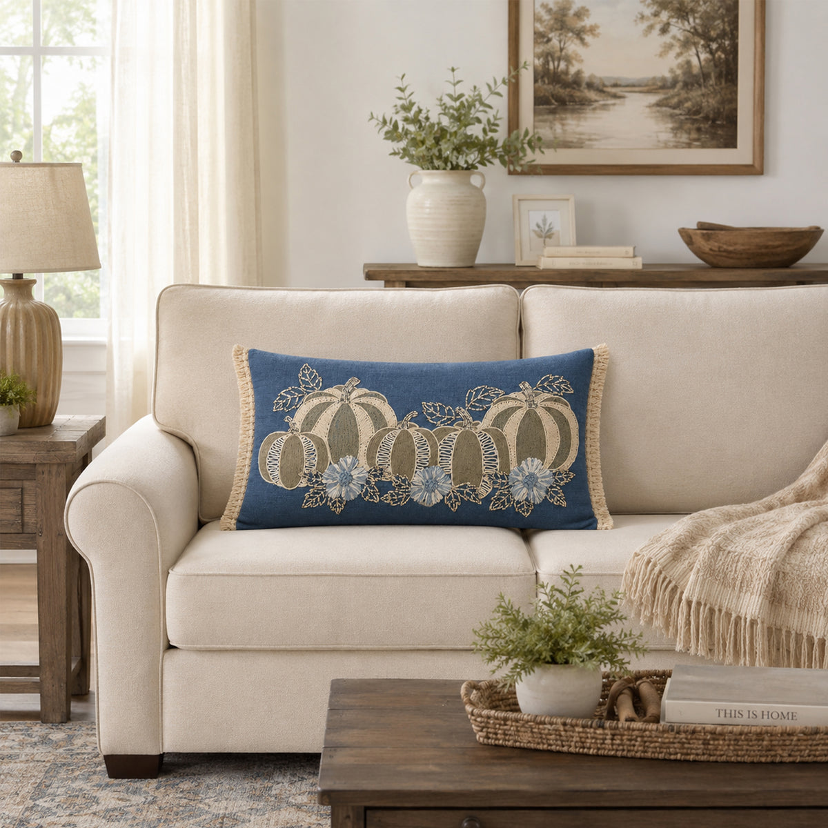 Autumn Elegance Pumpkin Harvest 14" x 20" Decorative Pillow Cover – Blue & Beige Embroidered Pumpkin Accent Cushion Cover
