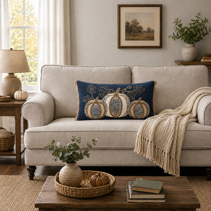 Vintage Pumpkin Embroidered 14" x 20" Decorative Pillow Cover – Navy Blue & Beige Autumn Harvest Accent Cushion Cover