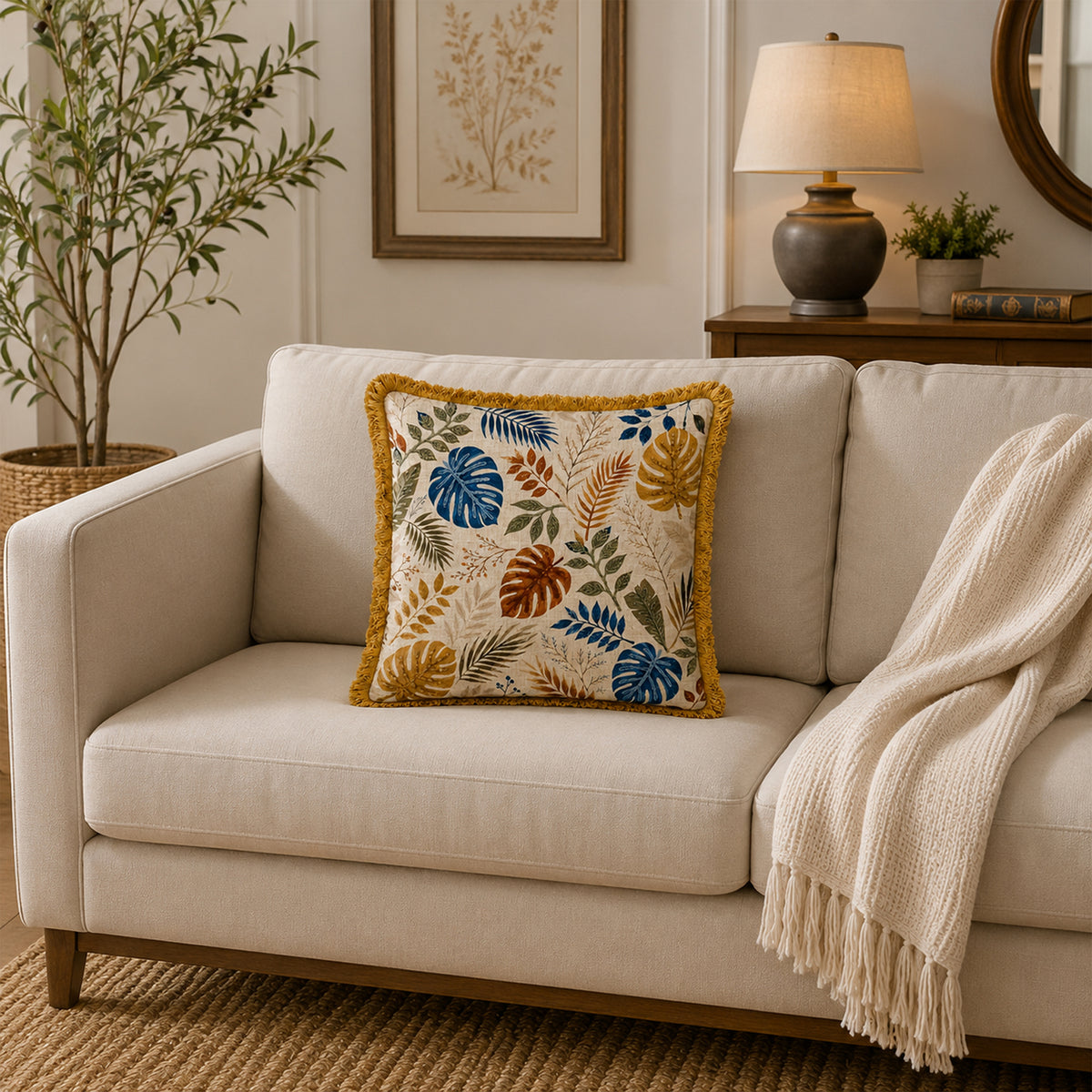 Botanical Tropical Foliage 18" x 18" Decorative Pillow Cover – Multicolour Leaf Print & Embroidered Accent Cushion Cover