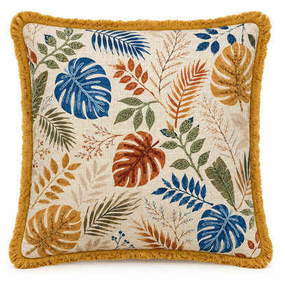 Botanical Tropical Foliage 18" x 18" Decorative Pillow Cover – Multicolour Leaf Print & Embroidered Accent Cushion Cover