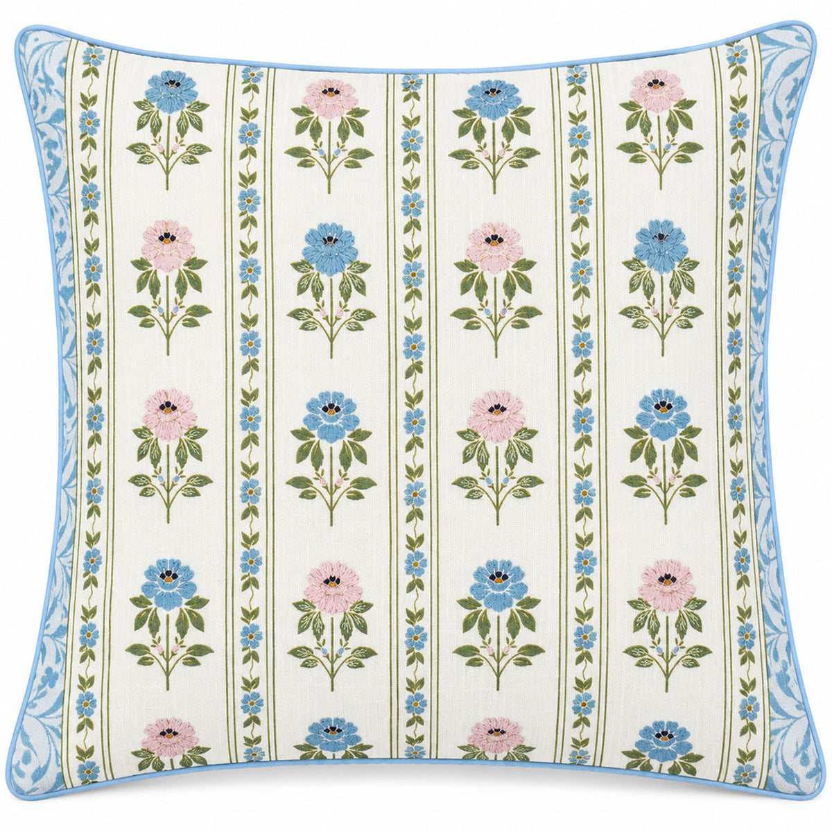 Vintage Floral Stripe 18" x 18" Decorative Pillow Cover – Blue & Pink Embroidered Botanical Accent Cushion Cover