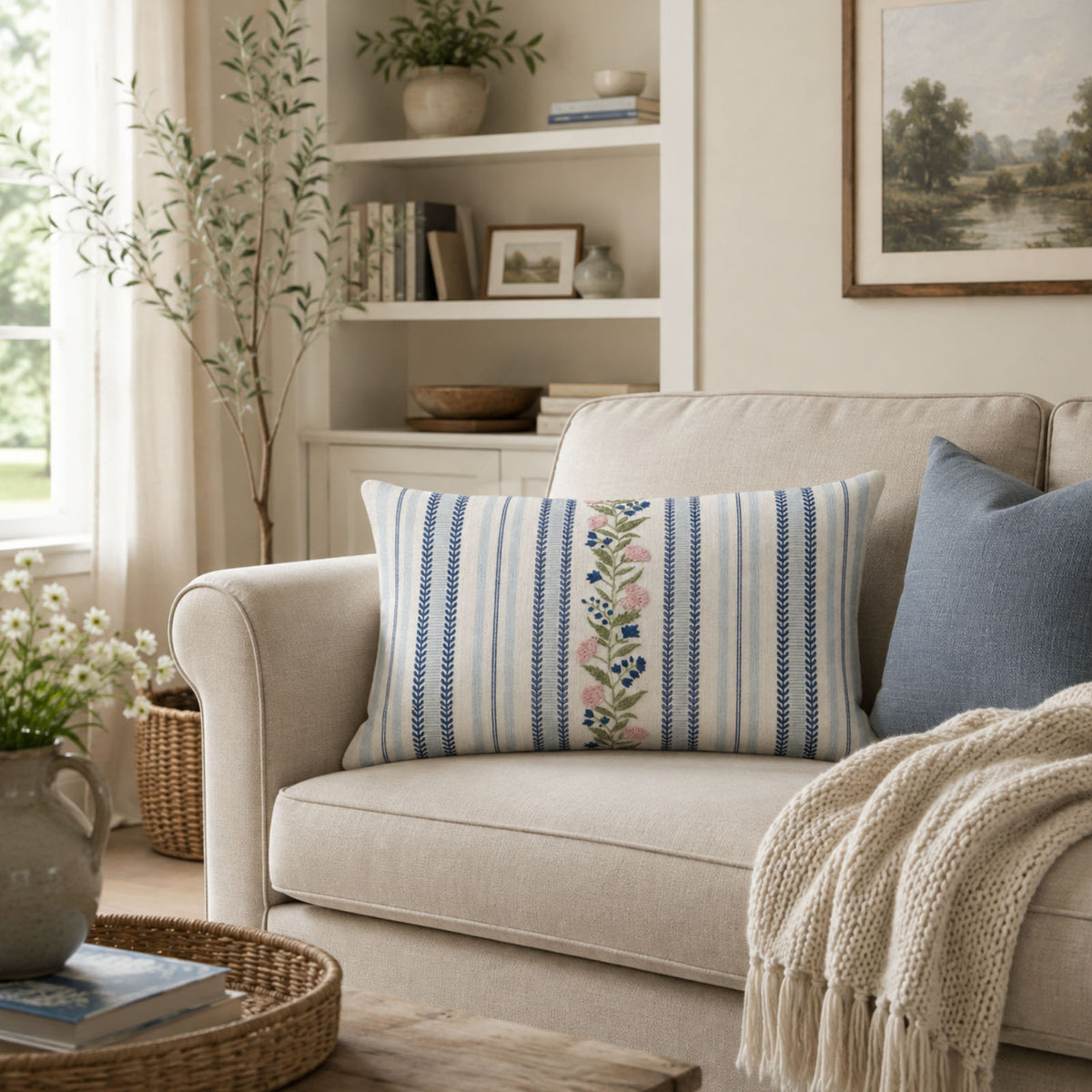 Blue Garden Stripe 14" x 20" Lumbar Decorative Pillow Cover, Floral Vine & Stripe Accent Cushion Cover