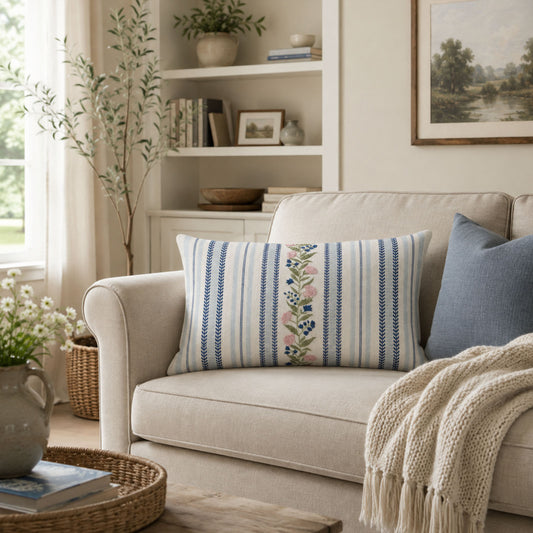 Blue Garden Stripe 14" x 20" Lumbar Decorative Pillow Cover, Floral Vine & Stripe Accent Cushion Cover