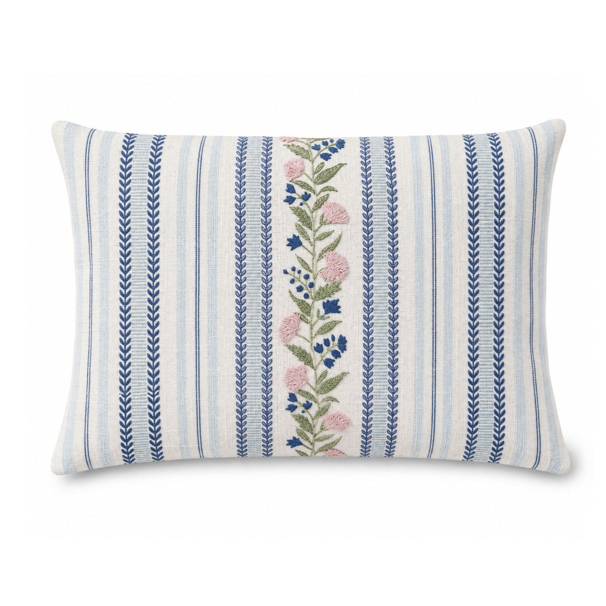 Blue Garden Stripe 14" x 20" Lumbar Decorative Pillow Cover, Floral Vine & Stripe Accent Cushion Cover