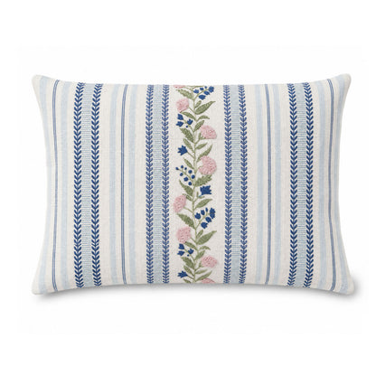 Blue Garden Stripe 14" x 20" Lumbar Decorative Pillow Cover, Floral Vine & Stripe Accent Cushion Cover