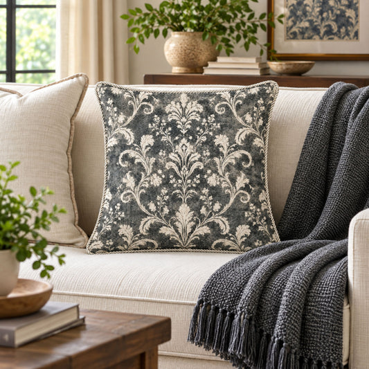 Midnight Damask Floral 18" x 18" Decorative Pillow Cover, Charcoal Botanical Accent Cushion Cover