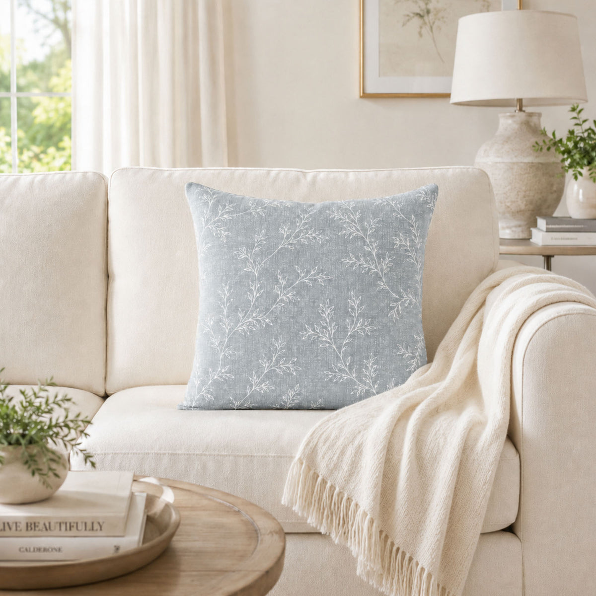Sage Blue Botanical Decorative Pillow Cover – 18" x 18"