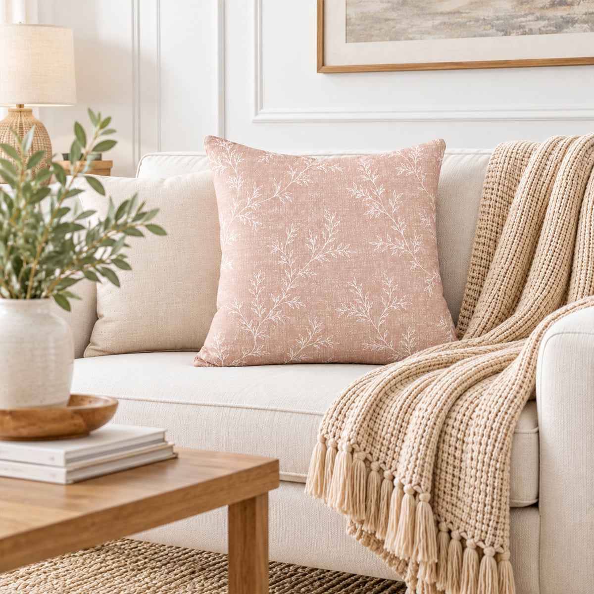 Blush Botanical Texture Decorative Pillow Cover 18" x 18"  – Soft Pink Tonal Foliage Accent Cushion Cover
