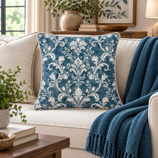 Deep Teal Damask Floral Decorative Pillow Cover – 18" x 18"