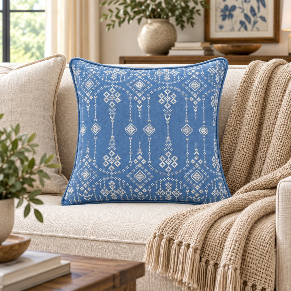 Blue and Ivory Geometric Decorative Pillow Cover – 18" x 18"