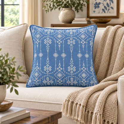 Blue and Ivory Geometric Decorative Pillow Cover – 18" x 18"