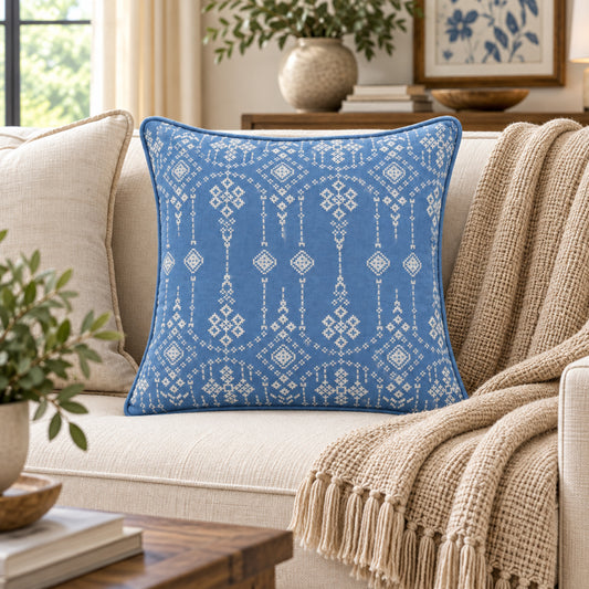 Blue and Ivory Geometric Decorative Pillow Cover – 18" x 18"