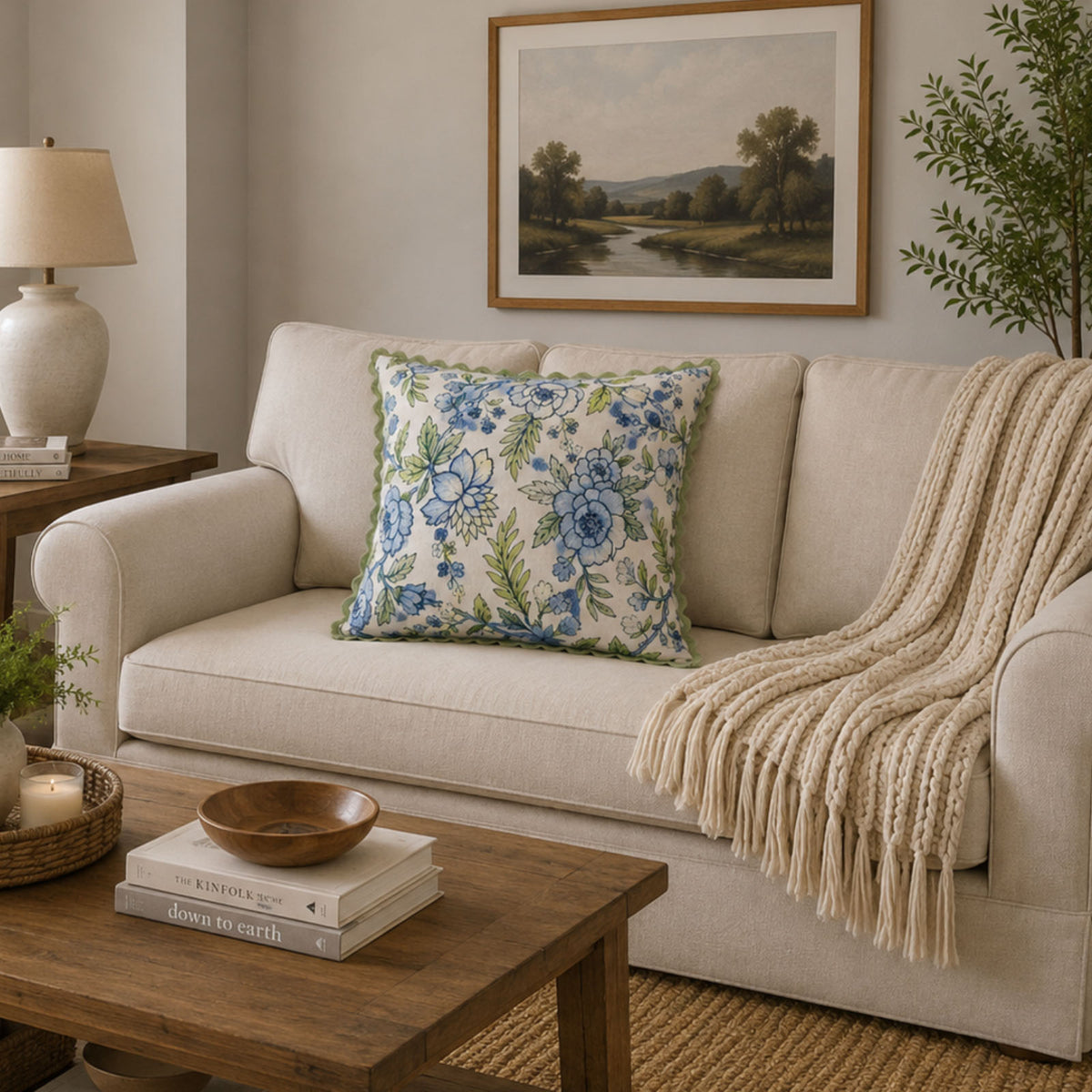 Blue Garden Bloom Decorative Pillow Cover – 18" x 18" Floral Cushion Cover with Green Scalloped Edge