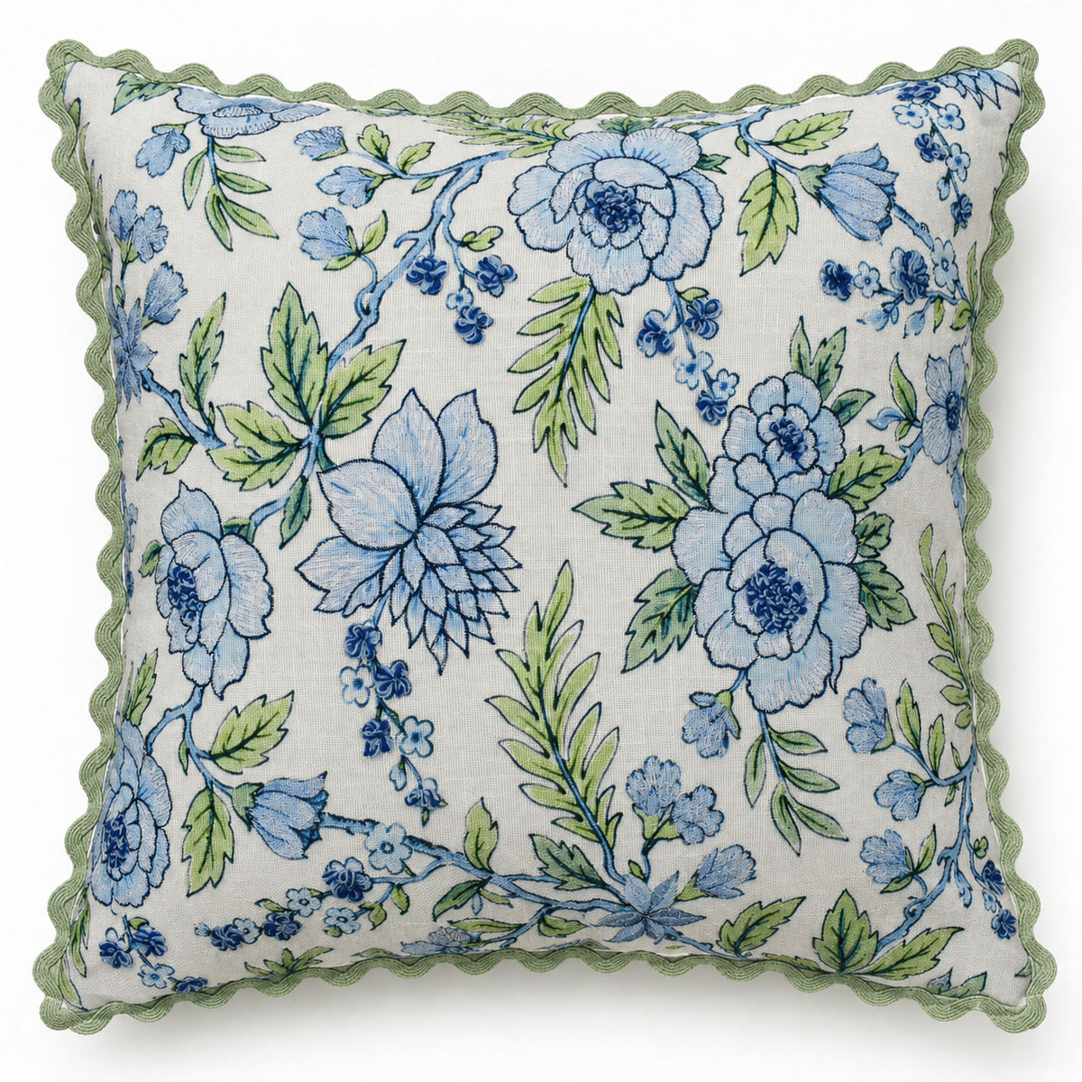Blue Garden Bloom Decorative Pillow Cover – 18" x 18" Floral Cushion Cover with Green Scalloped Edge
