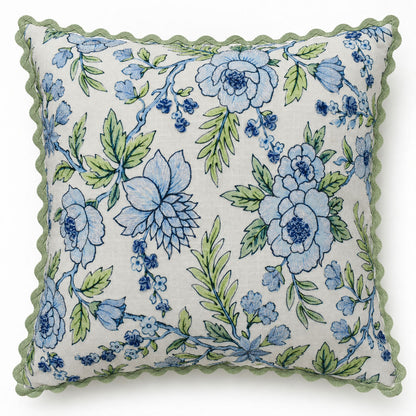 Blue Garden Bloom Decorative Pillow Cover – 18" x 18" Floral Cushion Cover with Green Scalloped Edge