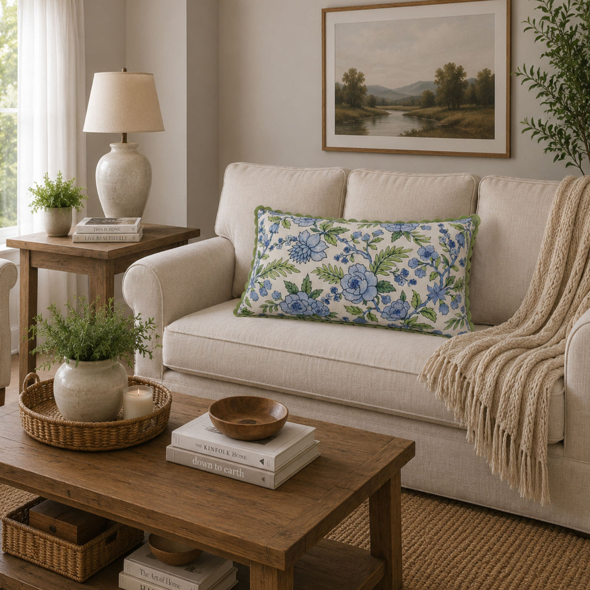 Blue Garden Bloom Decorative Pillow Cover – 14" x 20" Blue Floral & Green Leaf Accent Cushion Cover