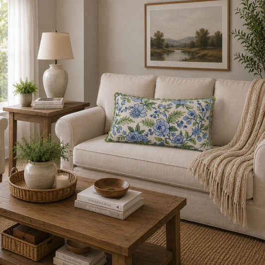 Blue Garden Bloom Decorative Pillow Cover – 14" x 20" Blue Floral & Green Leaf Accent Cushion Cover
