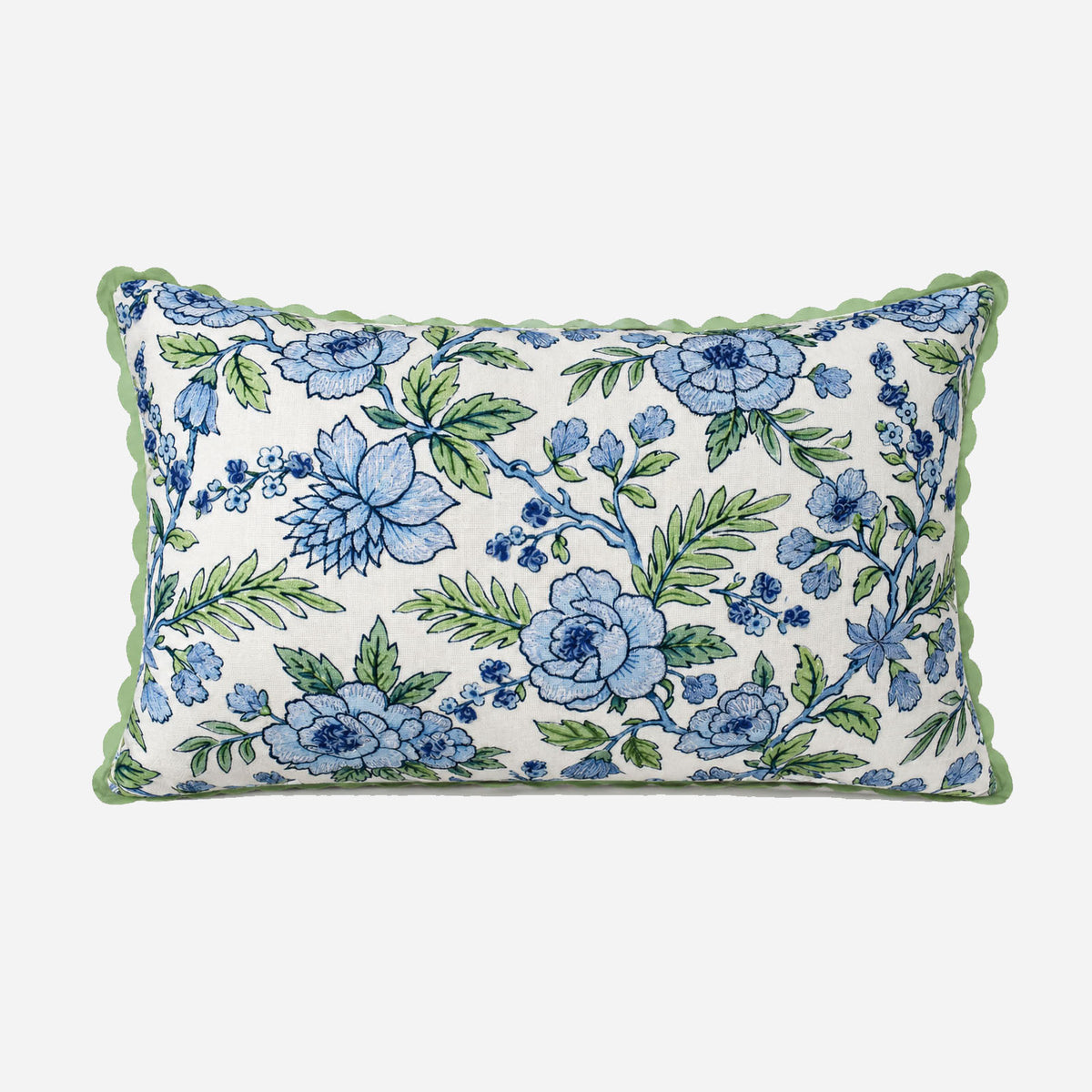 Blue Garden Bloom Decorative Pillow Cover – 14" x 20" Blue Floral & Green Leaf Accent Cushion Cover