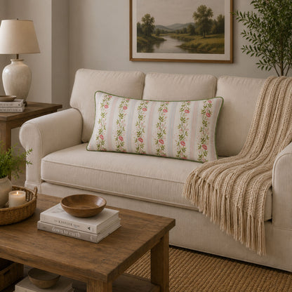 Pink Rose Garden Decorative Pillow Cover – 14" x 20" Floral Striped Accent Cushion Cover with Green Piping
