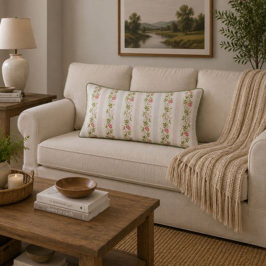 Pink Rose Garden Decorative Pillow Cover – 14" x 20" Floral Striped Accent Cushion Cover with Green Piping