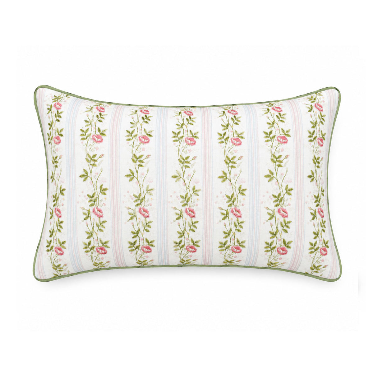 Pink Rose Garden Decorative Pillow Cover – 14" x 20" Floral Striped Accent Cushion Cover with Green Piping