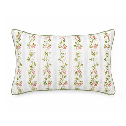 Pink Rose Garden Decorative Pillow Cover – 14" x 20" Floral Striped Accent Cushion Cover with Green Piping