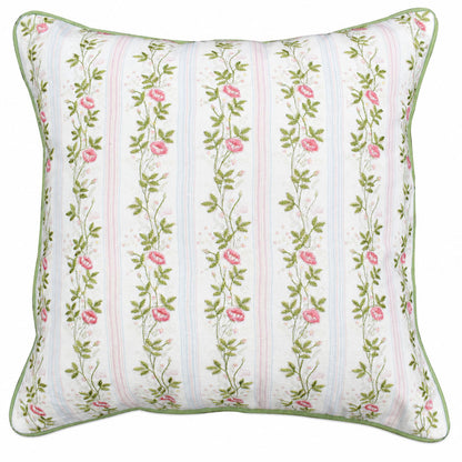 Pink Rose Garden Decorative Pillow Cover – 18" x 18" Floral Cushion Cover with Green Piping