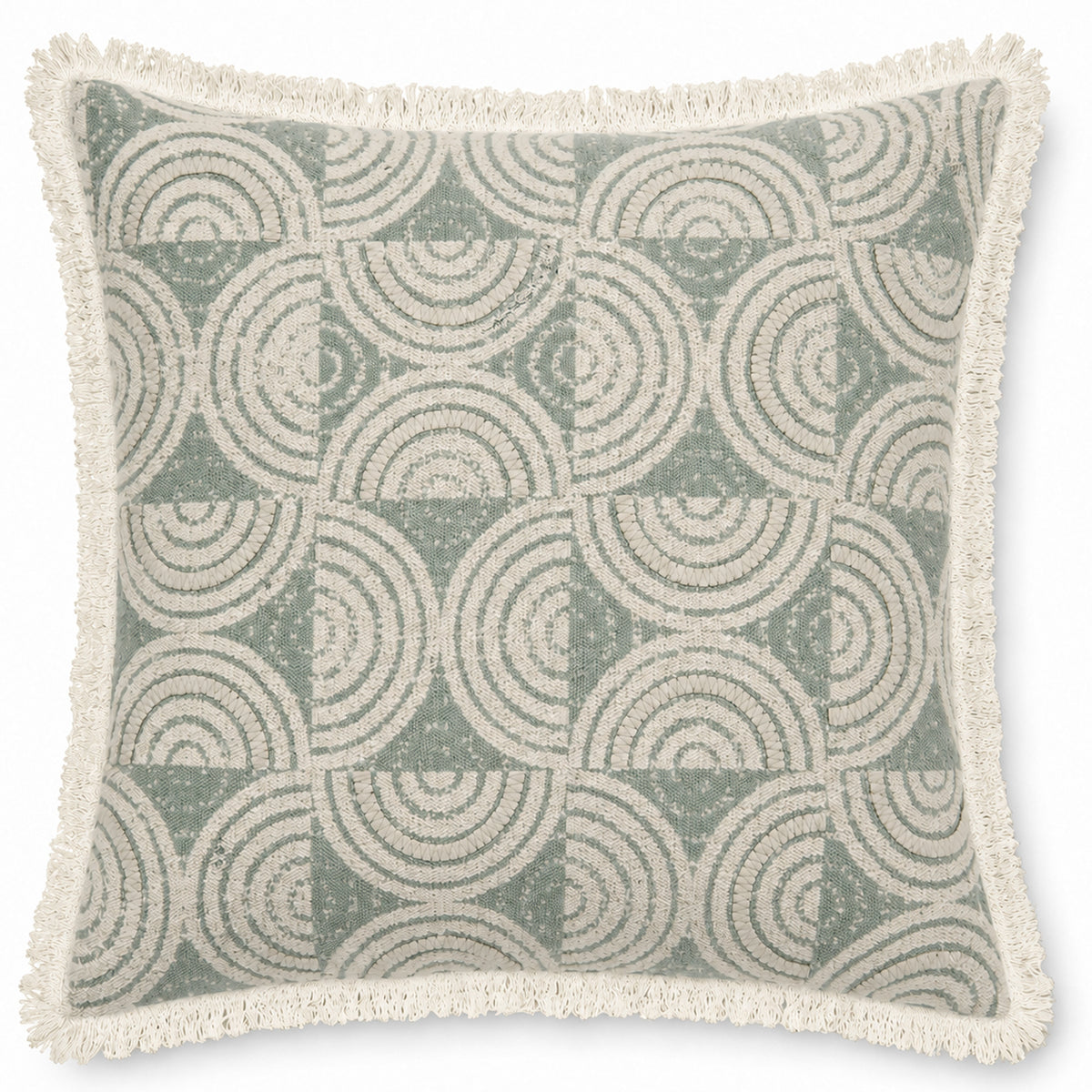 Sage Geometry 18" x 18" Decorative Pillow Cover – Neutral Interlocking Circle Cushion Cover with Fringed Edges