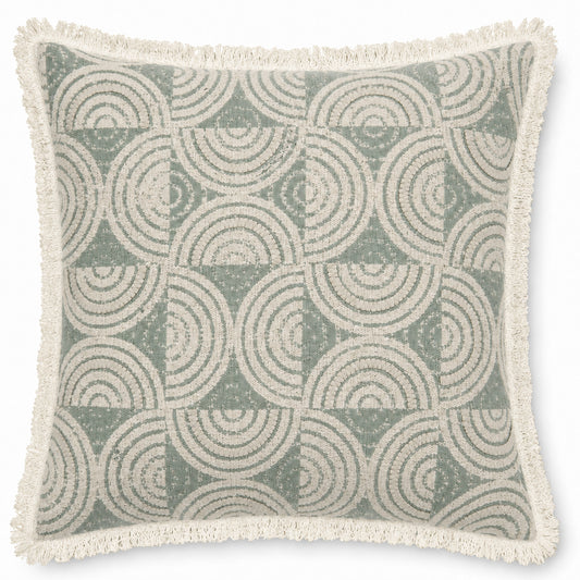 Sage Geometry 18" x 18" Decorative Pillow Cover – Neutral Interlocking Circle Cushion Cover with Fringed Edges