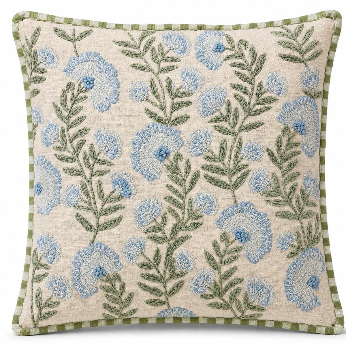 Blue Meadow Bloom 18" x 18" Decorative Pillow Cover – Blue Floral Embroidered Cushion Cover with Green Checker Piping