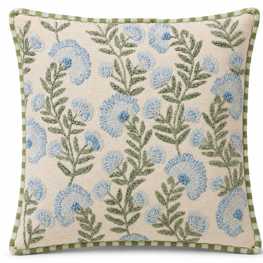 Blue Meadow Bloom 18" x 18" Decorative Pillow Cover – Blue Floral Embroidered Cushion Cover with Green Checker Piping