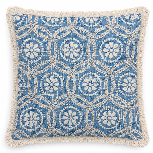 Blue Heritage 18" x 18" Decorative Pillow Cover – Blue and Ivory Geometric Floral Accent Cushion Cover with Fringed Edges