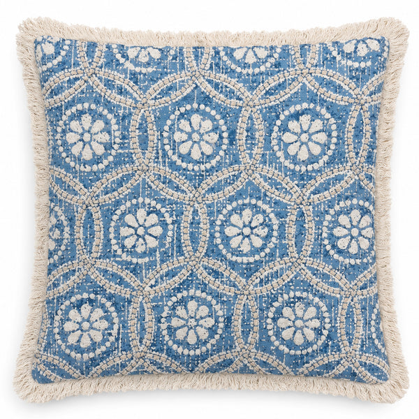 Blue Heritage 18" x 18" Decorative Pillow Cover – Blue and Ivory Geometric Floral Accent Cushion Cover with Fringed Edges
