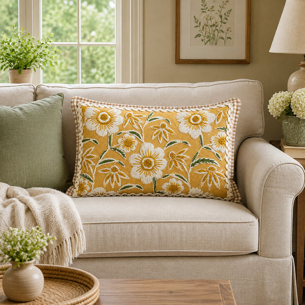 Golden Daisy Garden 14" x 20" Decorative Pillow Cover – Mustard Yellow Floral Accent Cushion Cover with Gingham