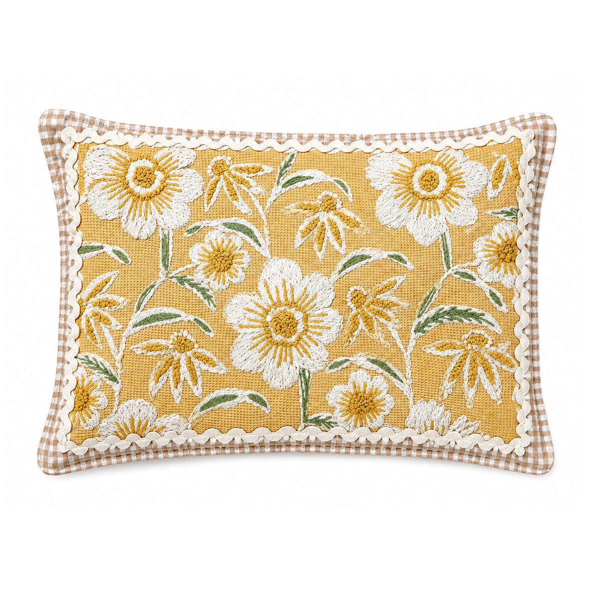 Golden Daisy Garden 14" x 20" Decorative Pillow Cover – Mustard Yellow Floral Accent Cushion Cover with Gingham