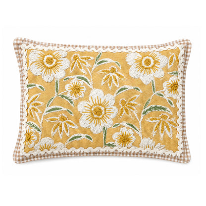 Golden Daisy Garden 14" x 20" Decorative Pillow Cover – Mustard Yellow Floral Accent Cushion Cover with Gingham