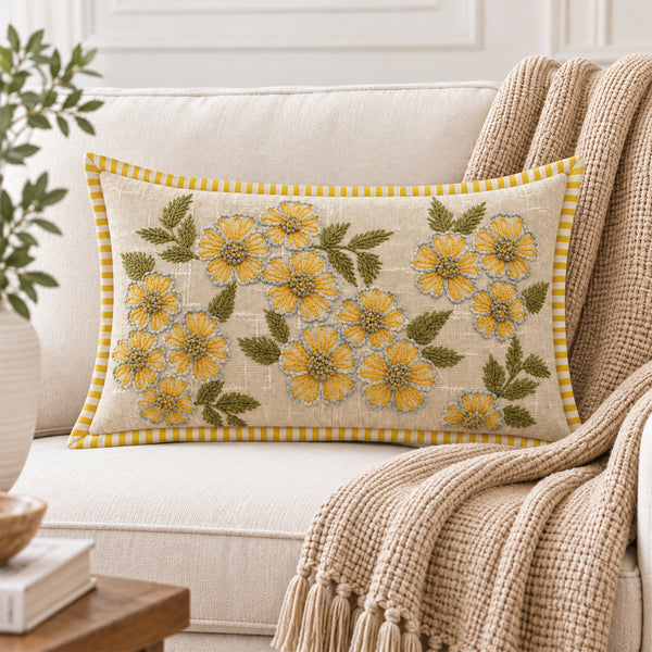 Sunny Meadow Floral 14" x 20" Decorative Pillow Cover – Yellow Embroidered Flower Accent Cushion Cover with Striped Border