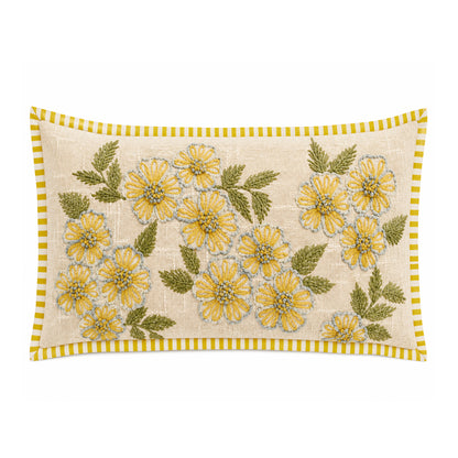 Sunny Meadow Floral 14" x 20" Decorative Pillow Cover – Yellow Embroidered Flower Accent Cushion Cover with Striped Border